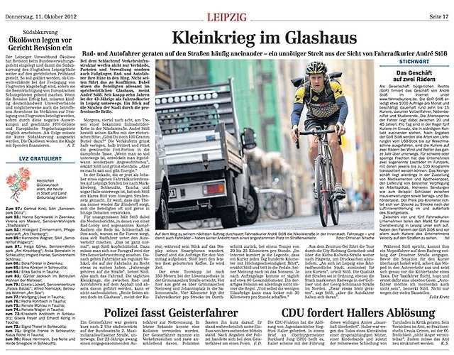 Rad- und Autofahrer geraten auf den Strassen häufiger aneinander - LVZ Ausgabe vom 11. Oktober 2012